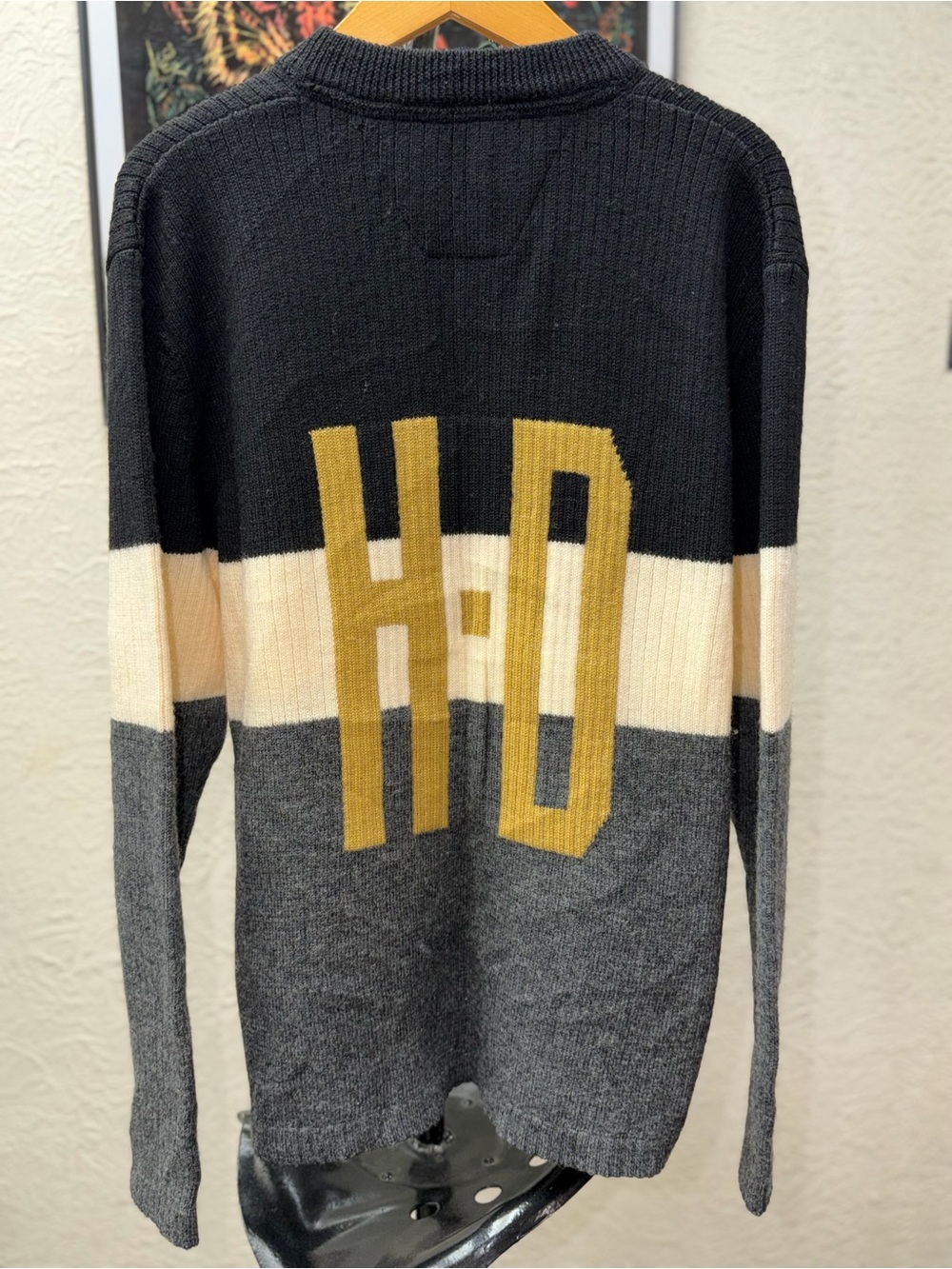 Harley-Davidson Black Cream Gray Colorblock Crewneck Sweater with Gold Logo